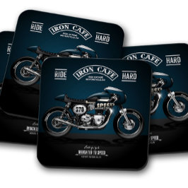 Posavasos De Vidrio Blue Iron Cafe Motorcycle Coaster | Juego de aleta