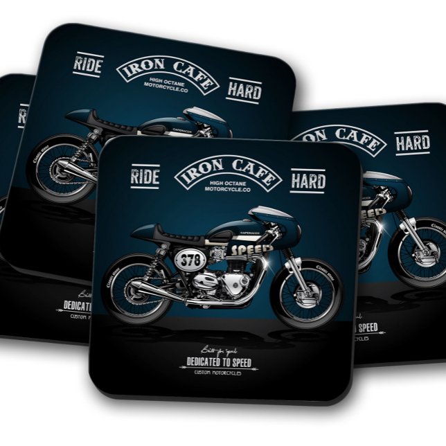 Posavasos De Vidrio Blue Iron Cafe Motorcycle Coaster | Juego de aleta (Subido por el creador)