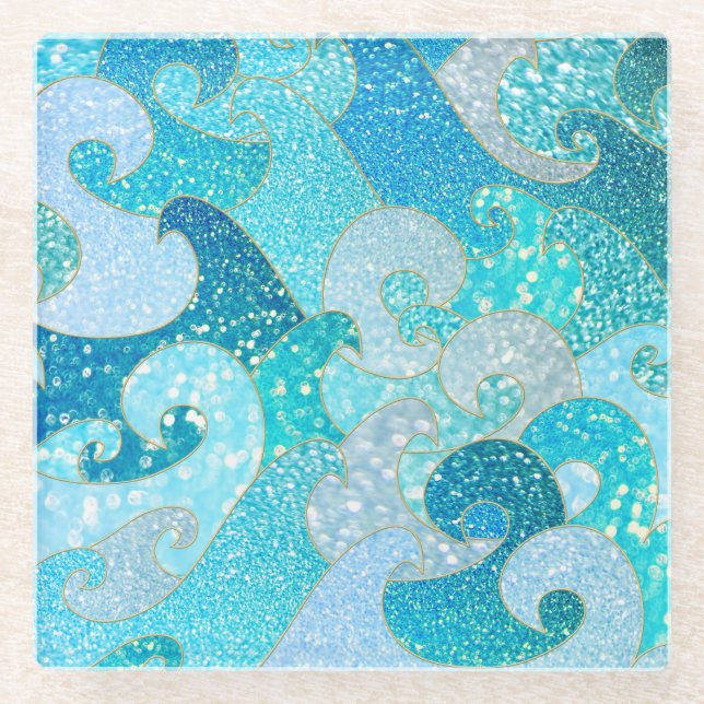 Posavasos De Vidrio Blue Mermaid Faux Purpurina Sea - Océano oro Verde (Anverso)