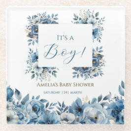 Posavasos De Vidrio Blue Modern Floral Watercolor Baby Shower