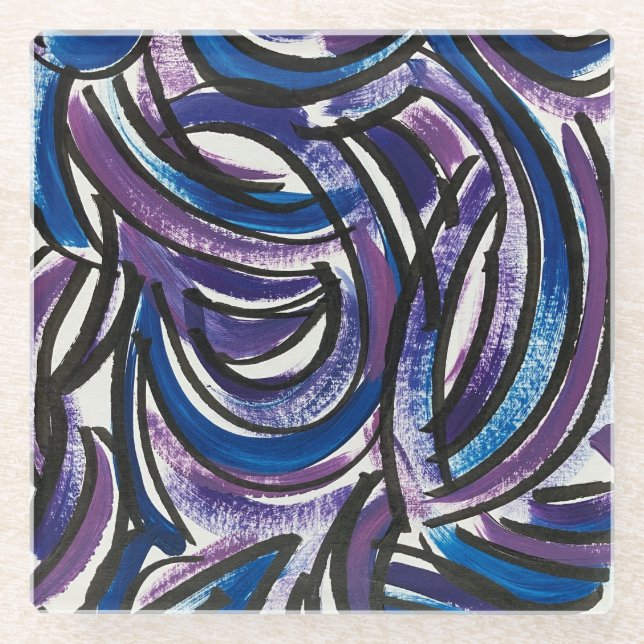 Posavasos De Vidrio Blue Purple Brushstrokes-Hand Painted Abstract (Anverso)