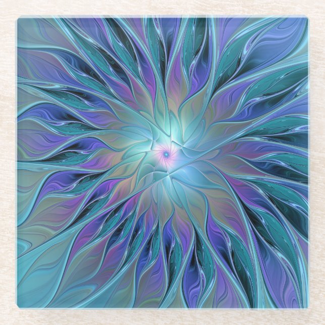 Posavasos De Vidrio Blue Purple Flower Dream Resumen arte fractal (Anverso)