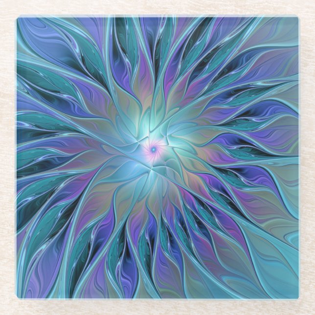 Posavasos De Vidrio Blue Purple Flower Dream Resumen arte fractal (Anverso)