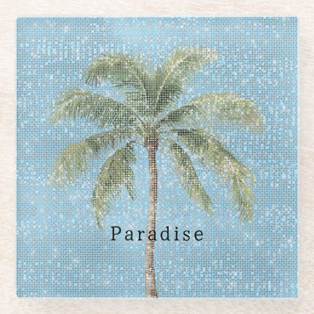 Posavasos De Vidrio Blue Sky Tropical Palm Tree Sparkle  (Anverso)