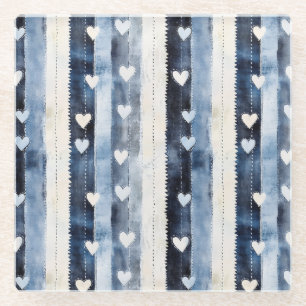 Posavasos De Vidrio Blue White Denim Hearts Stripes Cumpleaños