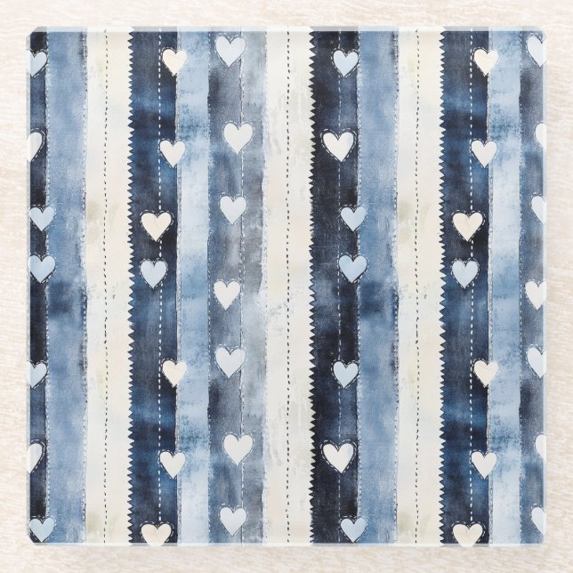 Posavasos De Vidrio Blue White Denim Hearts Stripes Cumpleaños (Anverso)