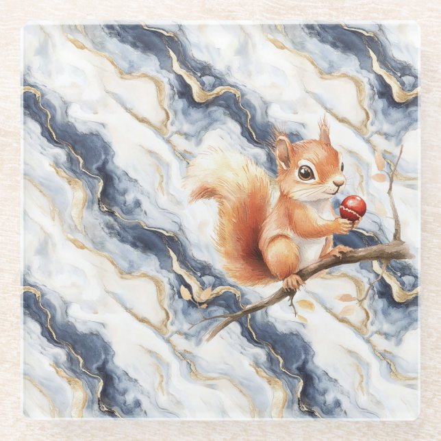 Posavasos De Vidrio Blue White Gold Abstract Squirrel Apple (Anverso)