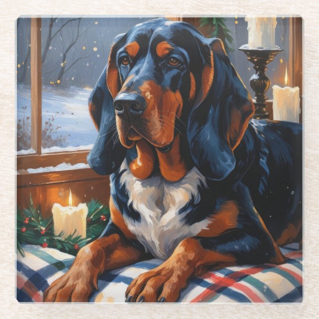 Posavasos De Vidrio Bluetick Coonhound With Christmas Lights Holiday (Anverso)