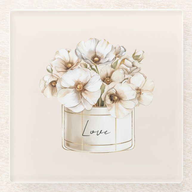 Posavasos De Vidrio Blush Love Pretty White Flowers (Anverso)
