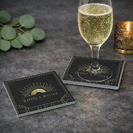 Posavasos De Vidrio Boda con ráfaga de sol dorada Art Deco
