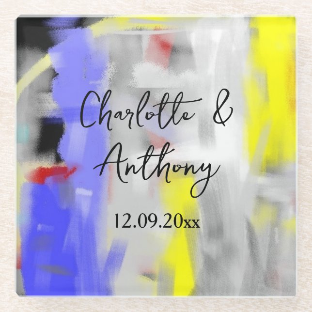 Posavasos De Vidrio Boda Creative Resumen Arte Azul Amarillo Blanco (Anverso)