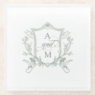 Posavasos De Vidrio Boda Cresta Vintage Verde Salvia