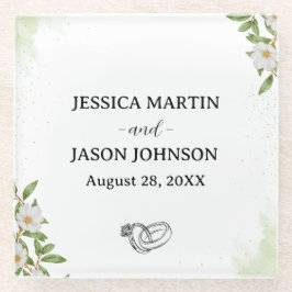Posavasos De Vidrio Boda de acuarela de color verde blanco