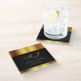 Posavasos De Vidrio Boda de borde de caligrafía de oro negro de lujo