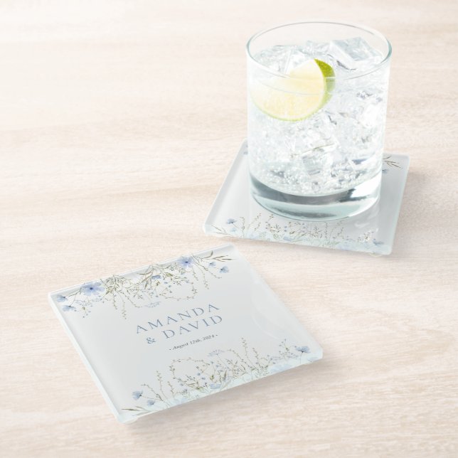 Posavasos De Vidrio Boda de flor silvestre Blue Periwinkle (Angular)
