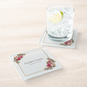 Posavasos De Vidrio Boda de Floral Acuarela Elegante Personalizada