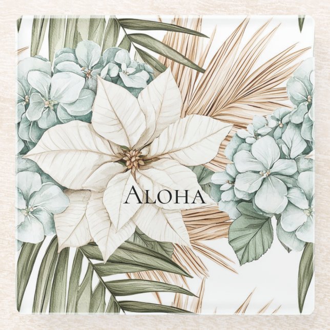 Posavasos De Vidrio Boda de Flores Blancas Tropicales Azules (Anverso)