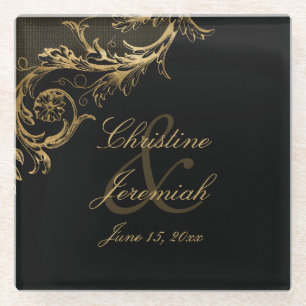 Posavasos De Vidrio Boda de guiones de Damasco Floral de oro negro vin