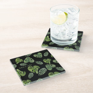 Posavasos De Vidrio Boda de hoja de Monstera Adansonii con acuarela a