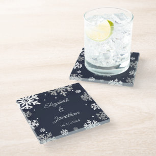 Posavasos De Vidrio Boda de invierno con copas de nieve azul de la mar