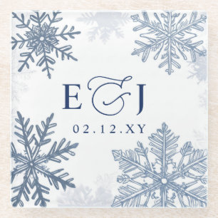 Posavasos De Vidrio Boda de Invierno Copos de Nieve Azules Plata Monog