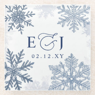 Posavasos De Vidrio Boda de Invierno Copos de Nieve Azules Plata Monog