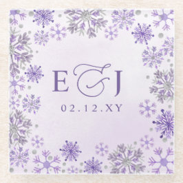 Posavasos De Vidrio Boda de Invierno Copos de Nieve Morados Plata Mono