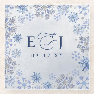Posavasos De Vidrio Boda de Invierno de Copos de Nieve Azules Plateado