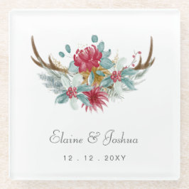 Posavasos De Vidrio Boda de invierno de Woodland Deer Floral Antler