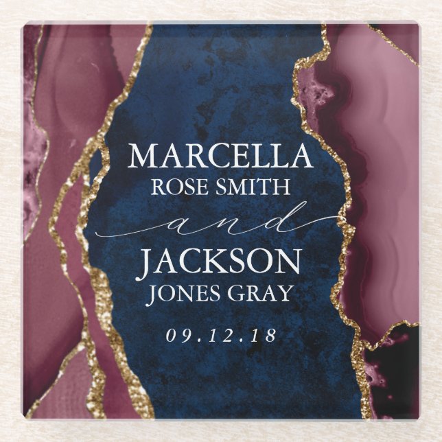 Posavasos De Vidrio Boda de la Marina, Borgoña y Oro Agate (Anverso)