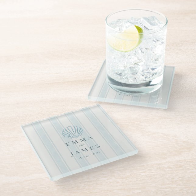 Posavasos De Vidrio Boda de Mar Blanco Azul Conchas Costeras  (Angular)