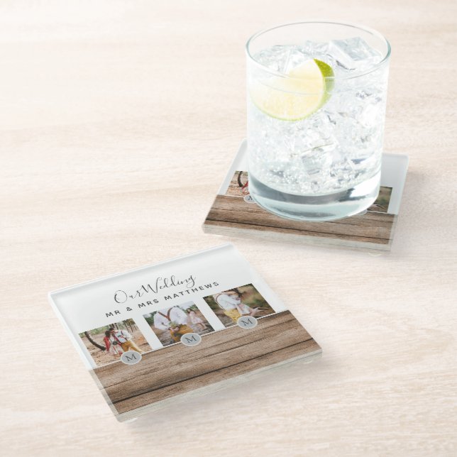 Posavasos De Vidrio Boda de Monograma de Collage de fotos Rústico NEWL (Angular)