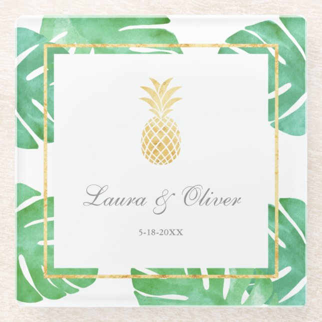 Posavasos De Vidrio Boda de oro de piña tropical (Anverso)