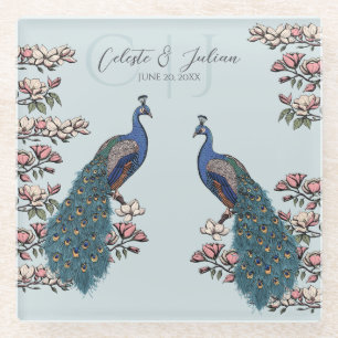 Posavasos De Vidrio Boda de pavo real floral azul elegante