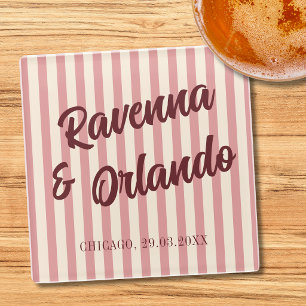Posavasos De Vidrio Boda de rayas rosadas retro de Borgoña