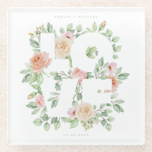 Posavasos De Vidrio Boda de rosas y vegetación acuarela LOVE