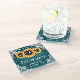 Posavasos De Vidrio Boda de Sunflower Rustic Wood Lace Verde azulado