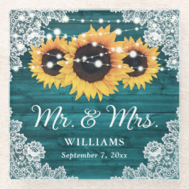 Posavasos De Vidrio Boda de Sunflower Rustic Wood Lace Verde azulado