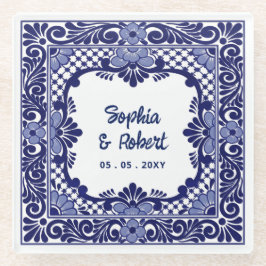Posavasos De Vidrio Boda de Talavera Azul Mexicana