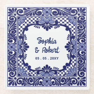 Posavasos De Vidrio Boda de Talavera Azul Mexicana