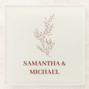 Posavasos De Vidrio Boda Flor Línea Hiedra Marfil Beige Terracota