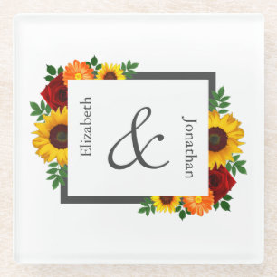 Posavasos De Vidrio Boda floral de girasoles y rosas al atardecer
