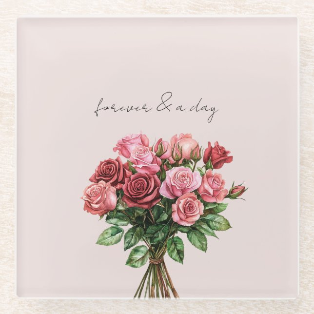 Posavasos De Vidrio Boda floral rosas rosadas rojas románticas (Anverso)