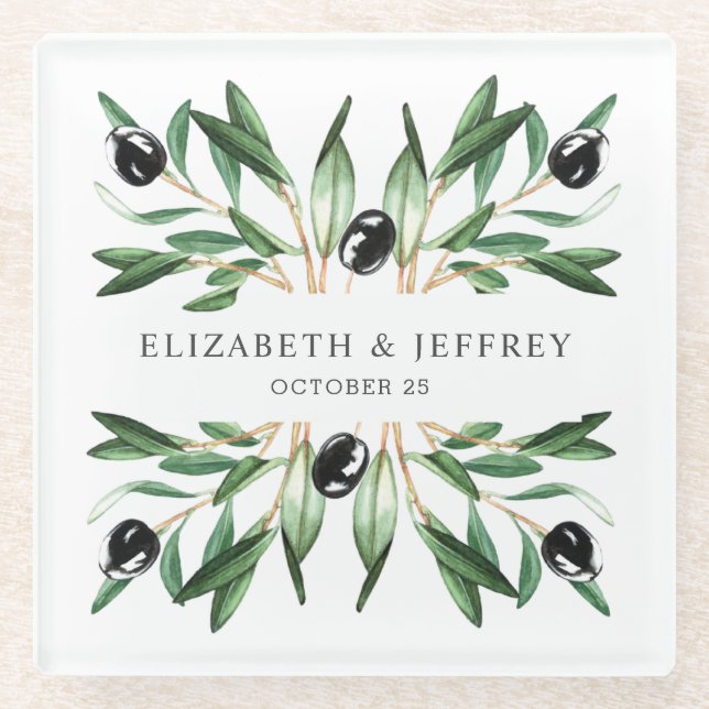 Posavasos De Vidrio Boda geométrica moderna rústica ramas de olivo (Anverso)