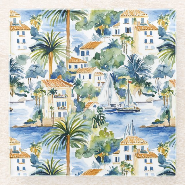 Posavasos De Vidrio Boda Mediterránea Tropical (Anverso)