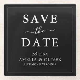Posavasos De Vidrio Boda Minimalista Negra Atemporal Save The Date