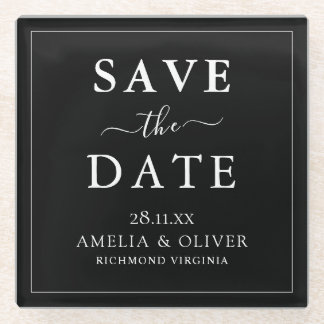 Posavasos De Vidrio Boda Minimalista Negra Atemporal Save The Date