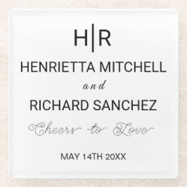 Posavasos De Vidrio Boda Monograma Minimalista en Blanco y Negro Limpi