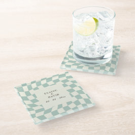 Posavasos De Vidrio Boda Retro Groovy Green Checkerboard