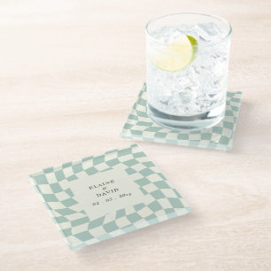 Posavasos De Vidrio Boda Retro Groovy Green Checkerboard